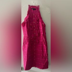 NANETTE LEPORE SZ 2 PASSION PINK SLEEVELESS DRESS W/ BIB NECK-BUTTON DWN-RUFFLES